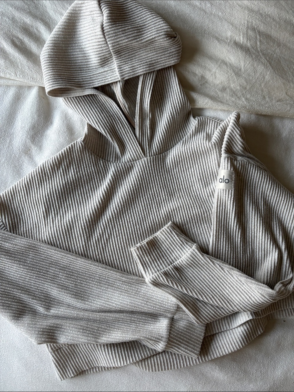 Alo Muse Ribbed Cropped Hoodie in Light Oatmeal Large